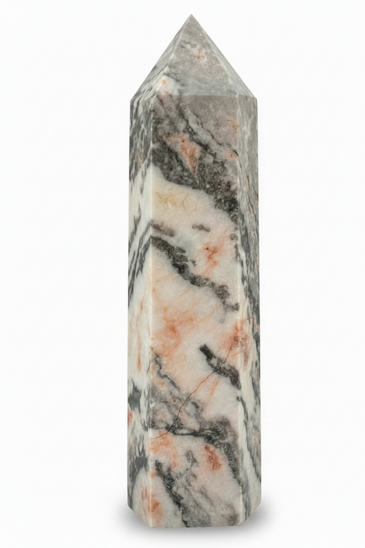 pink zebra marble crystal tower with pinks, greens and off white 