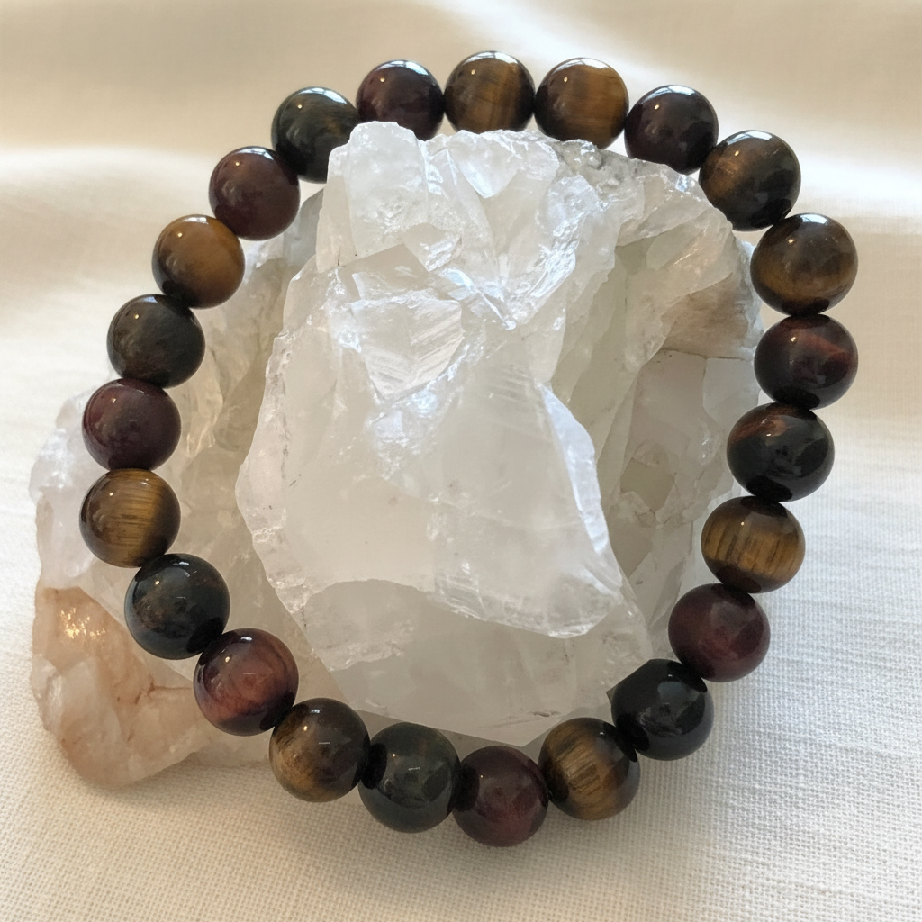 Tigers eye bracelet browns, reds, on a white rock 
