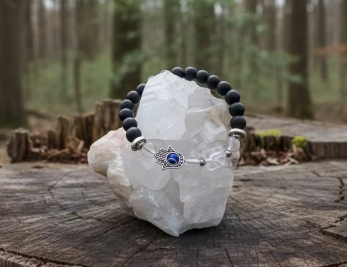Black Obsidian and Clear Quartz Pyramid Bracelet with Hamsa Charm | Protection