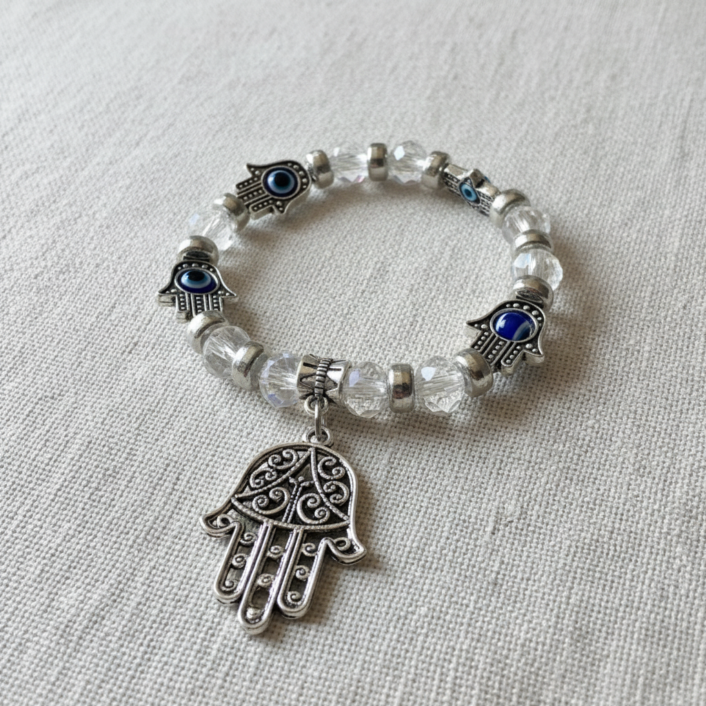 Evil eye bracelet with Hamsa hand charm and clear crystal beads