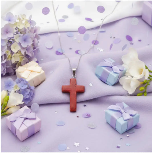 Red Jasper carved cross with lavender behind 