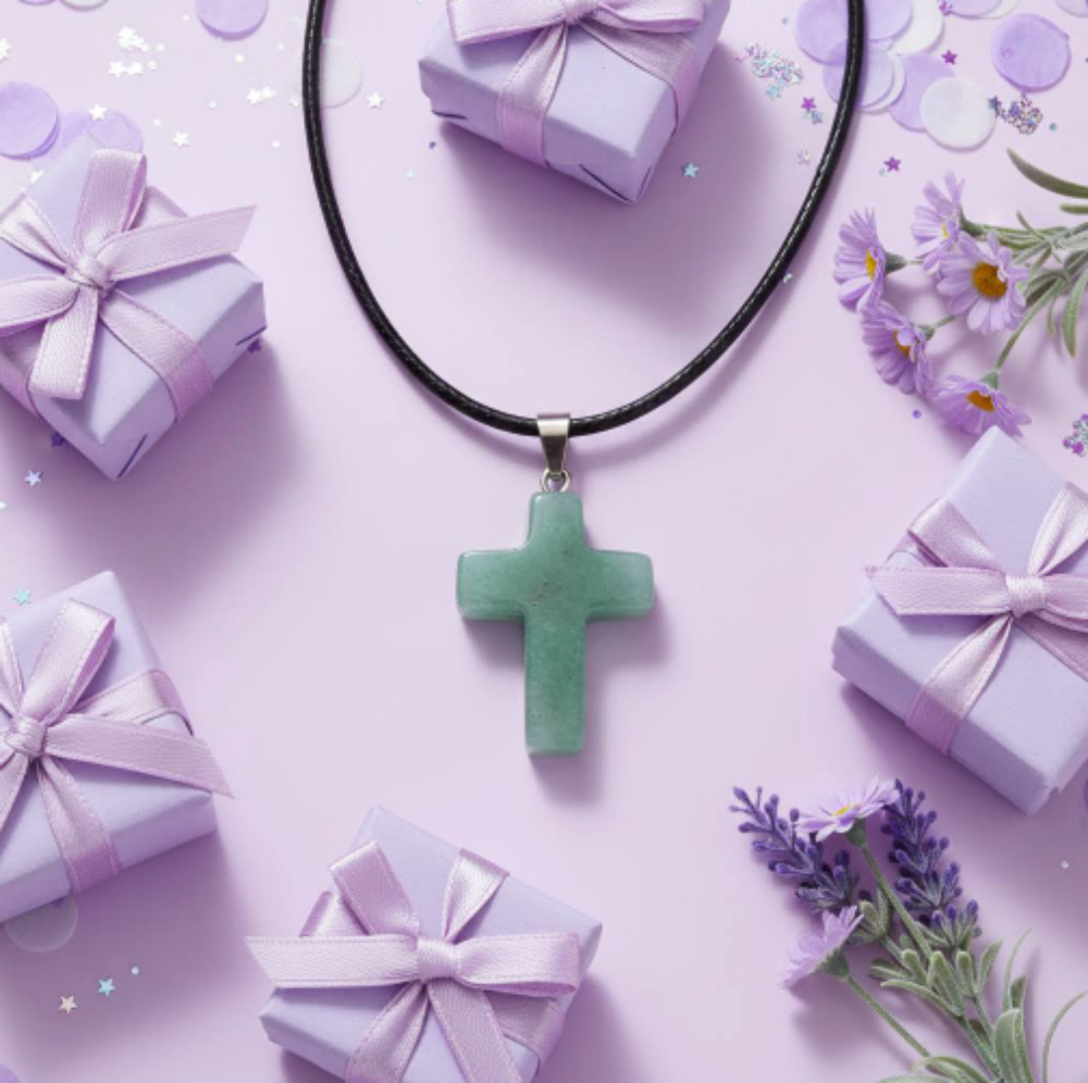Green Aventurine carved cross with black wax’d leather cord 