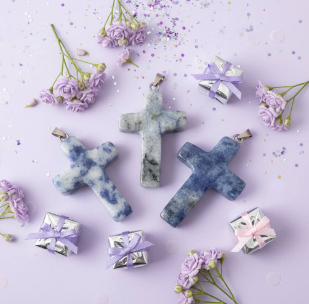 lavender flower and gift boxes product is three carved heard pendants 
