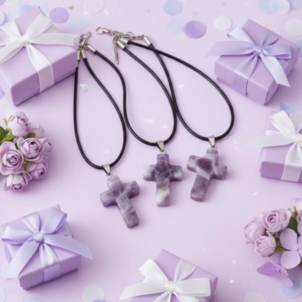 Amethyst carved crystal cross pendants with leather cords