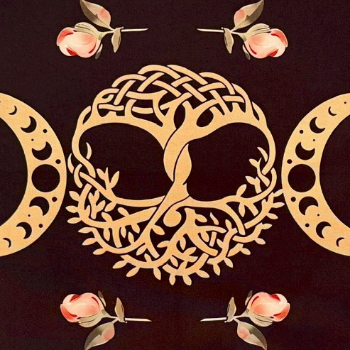 Decorative design with Celtic knot tree of life and moon phases on a dark background with flowers.