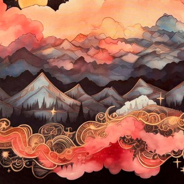 Close up of brightly colored altar cloth pretty pinks, reds blues water color appearance mountains stars clouds on fabric