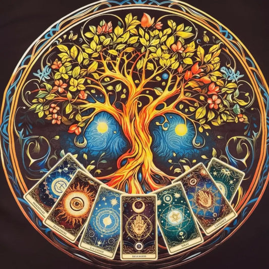 Tree of life altar cloth, vibrant blues, gold, orange Cloth has celtic border  colorful tarot cards are not part of the design 