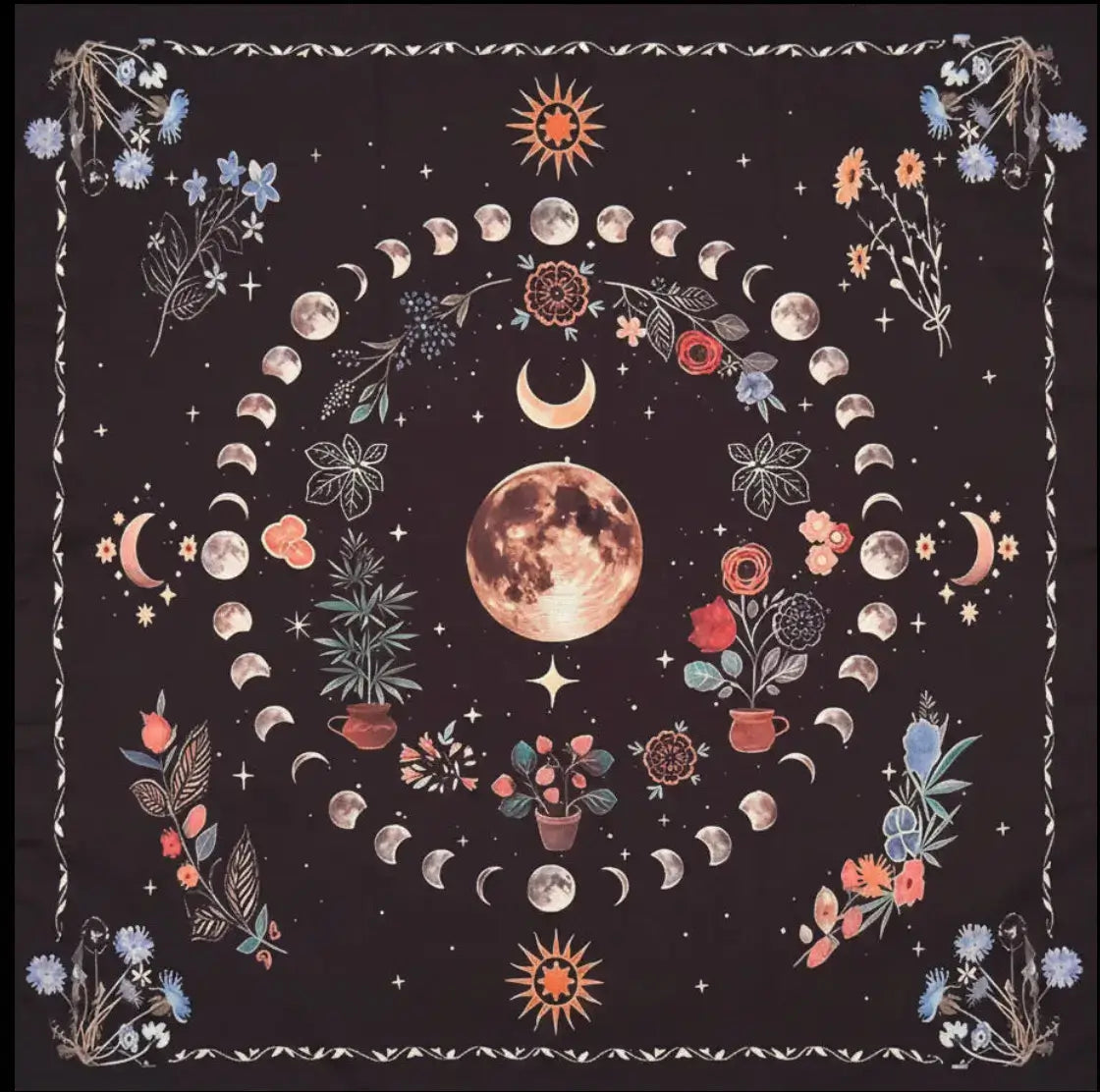 close up photograph is altar cloth. printed moon phases, a full moon, blue flowers in each corner of the fabric