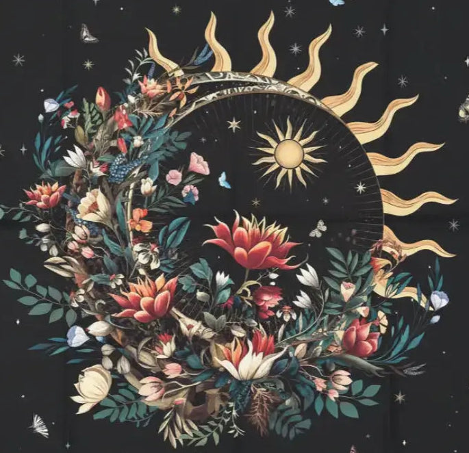 Sun Altar Cloth photo with black background, bright yellow rays form the sun, blooming brightly colored flowers 