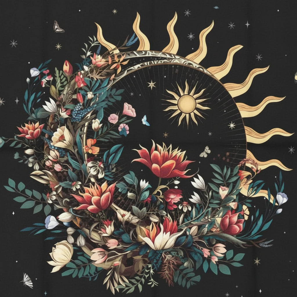 close up of altar cloth with black fabric background and print sun with blooming flowers and yellow rays