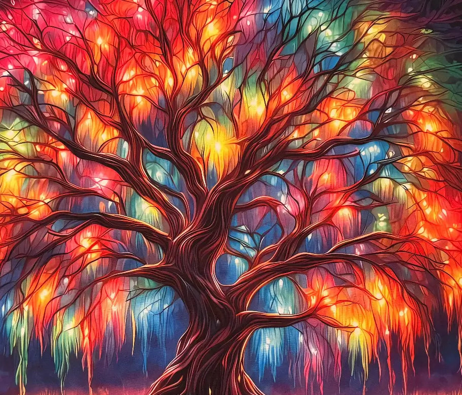 close up of altar cloth showing the beautiful deep oranges, reds and blues from this tree of life design