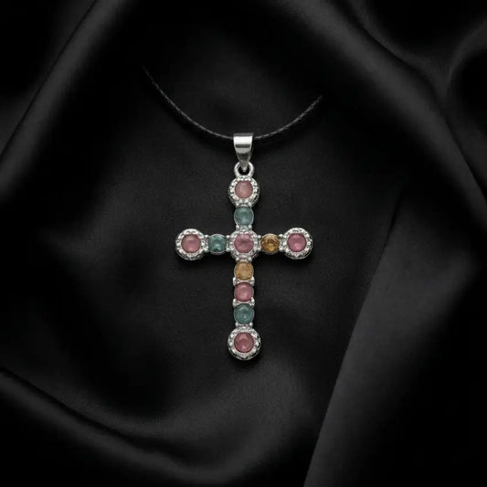 Natural Multicolor Tourmaline Cross Pendant | Emotional Balance