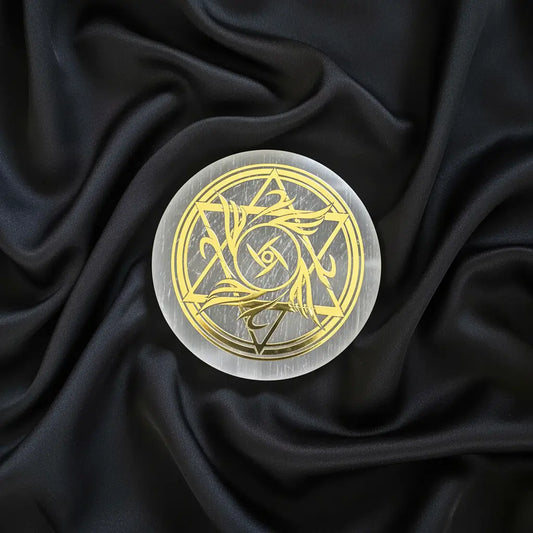 Round selenite disk with gold design star of david 