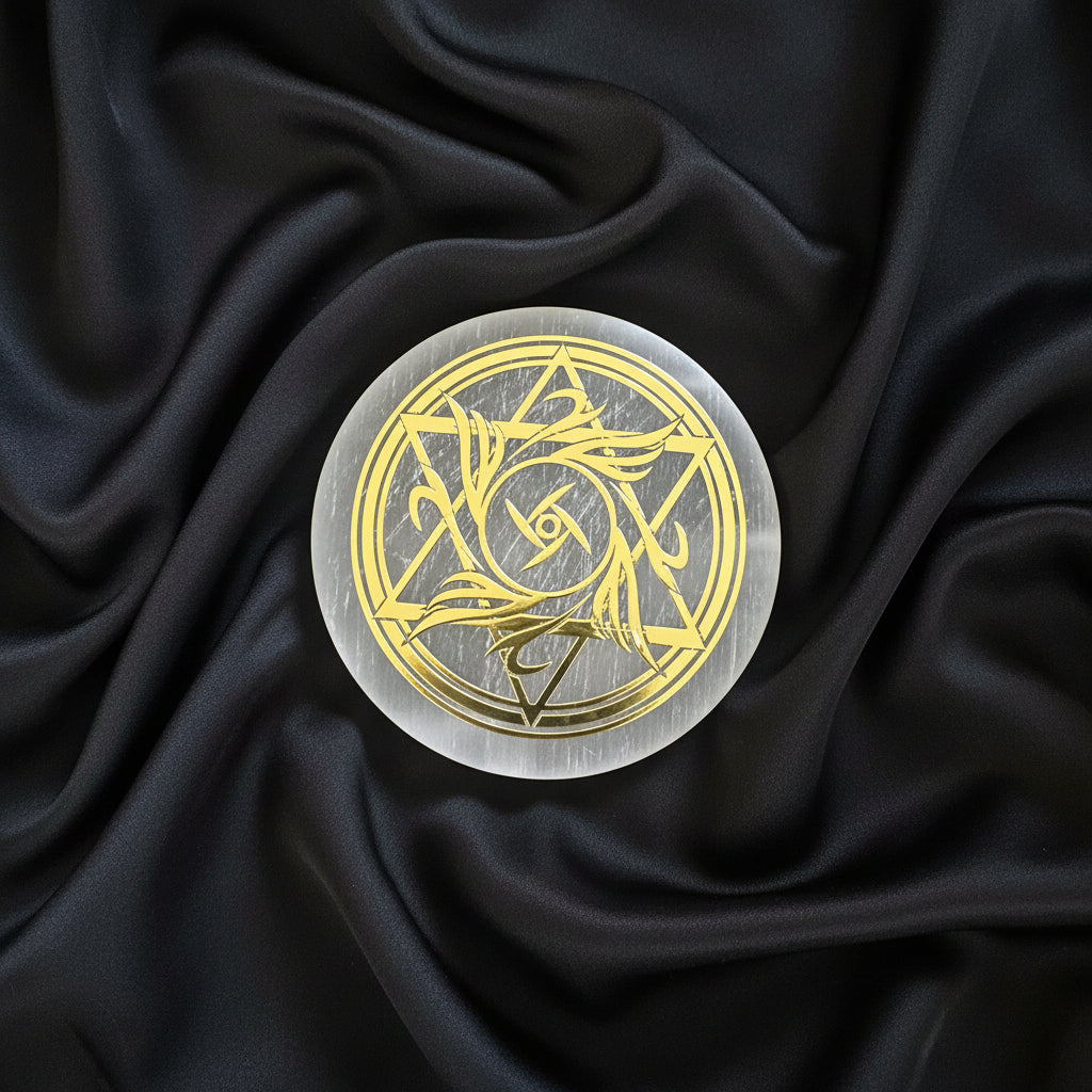 Round selenite disk with gold design star of david 