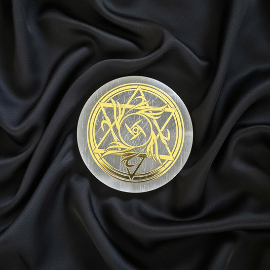 Round selenite disk with gold design star of david 