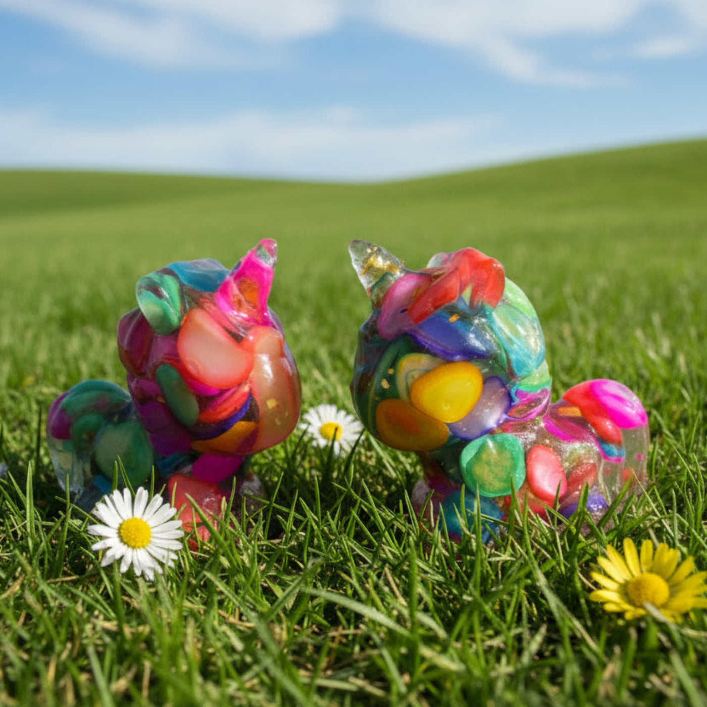 Two “skittle unicorn shaped resin figurines, filled with carnival color dyes agate or stone chips and metal shavings orgonite like 
