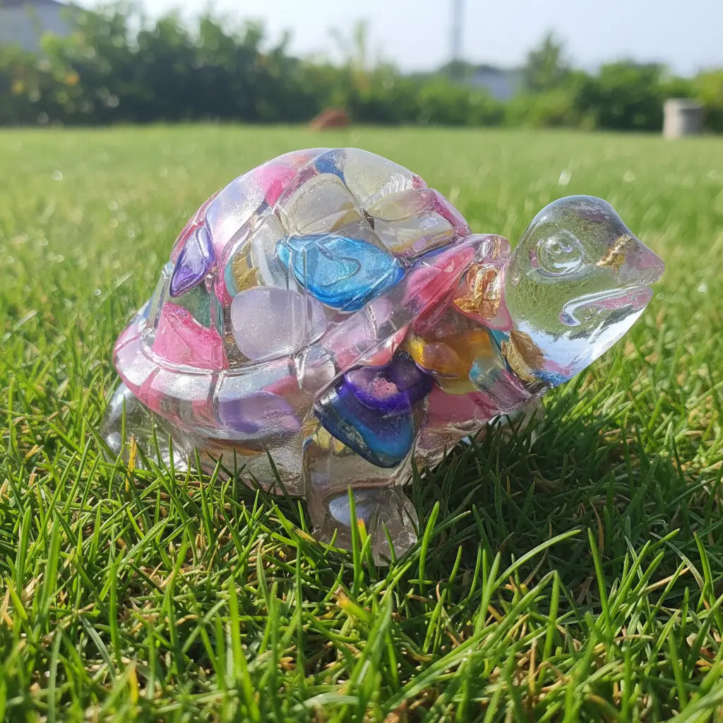 cute resin turtle filled with dyed agate chip and gold tone metal organite like, decor