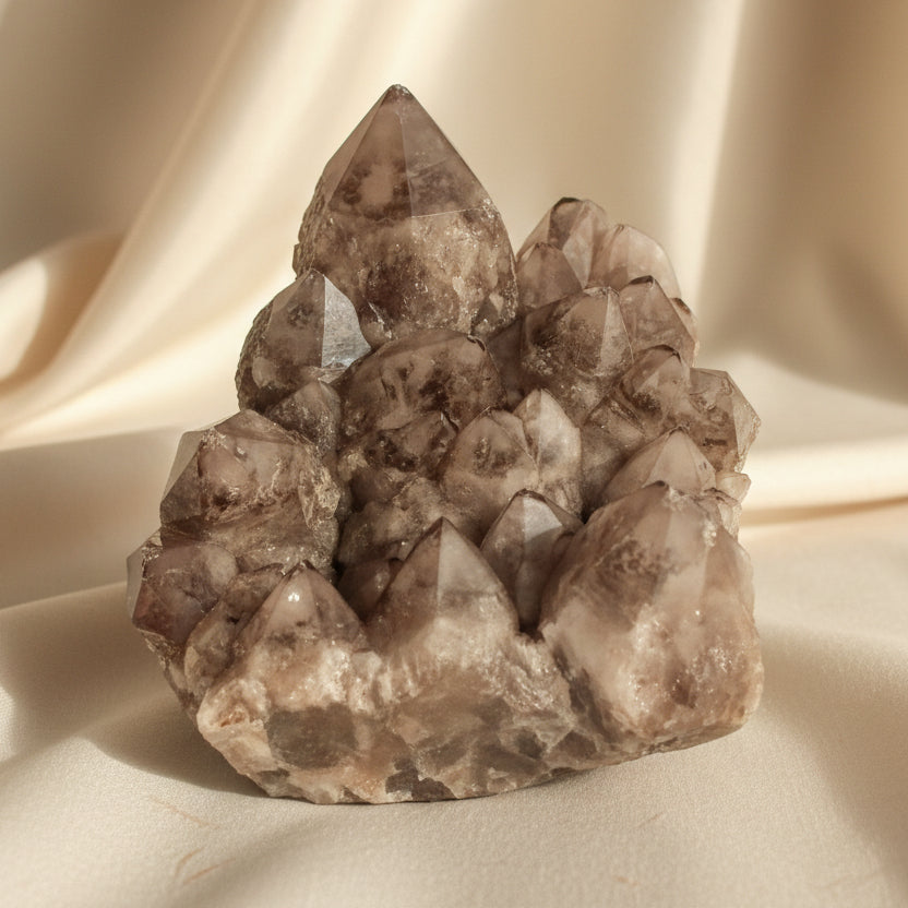 A smoky quartz crystal cluster with natural pointed and jagged formations