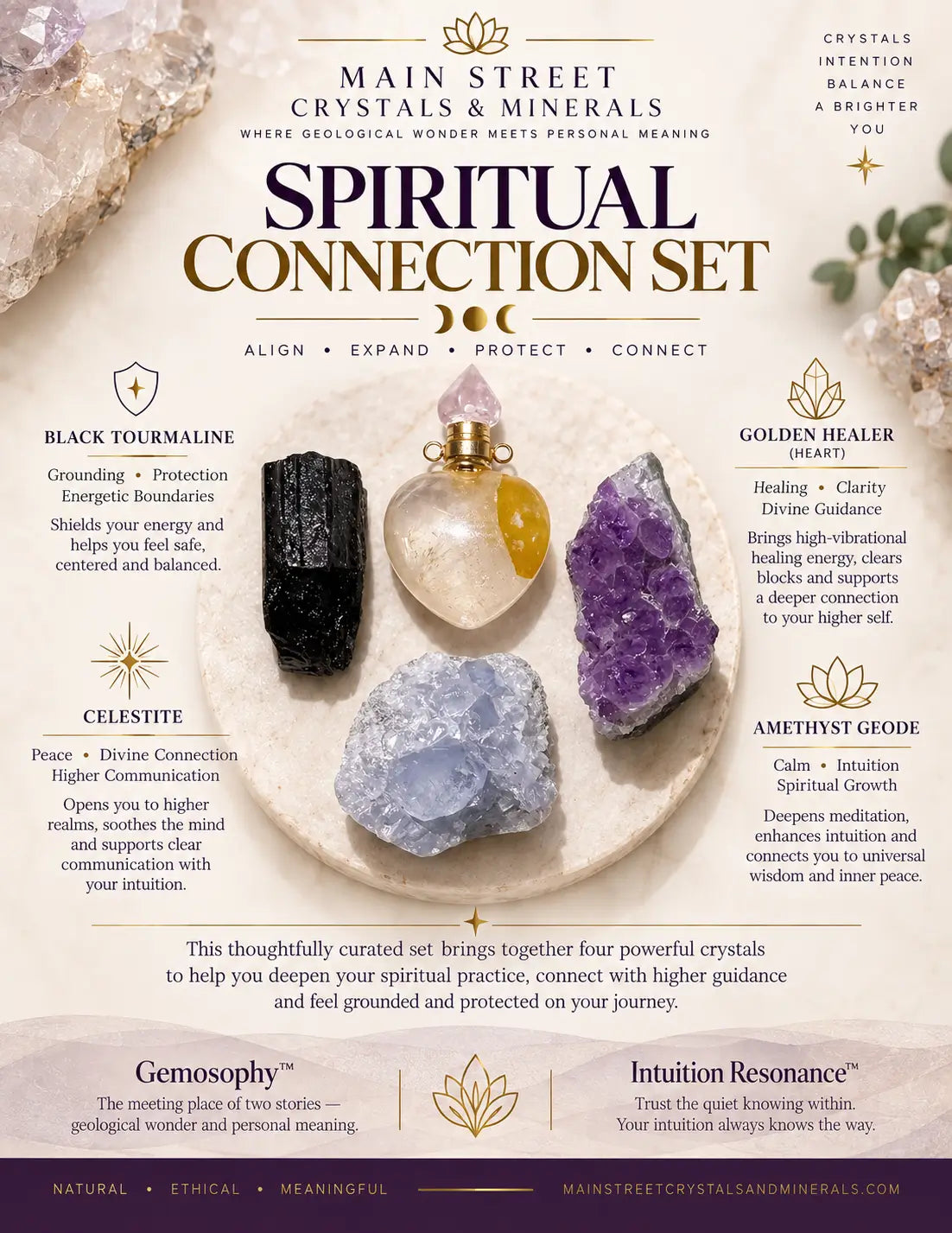 A curated spiritual crystal set featuring four crystals: Black Tourmaline, Celestite, Golden Healer, and Amethyst Geode, arranged on a white marble surface with a gold ring. The image includes descriptive text overlays detailing the benefits of each crystal and branding for Main Street Crystals & Minerals.