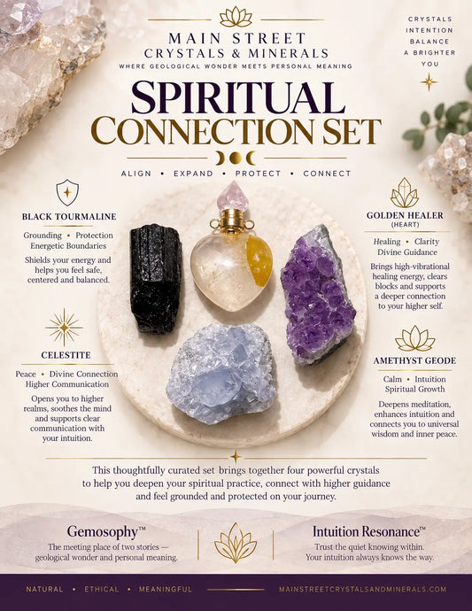 A curated spiritual crystal set featuring four crystals: Black Tourmaline, Celestite, Golden Healer, and Amethyst Geode, arranged on a white marble surface with a gold ring. The image includes descriptive text overlays detailing the benefits of each crystal and branding for Main Street Crystals & Minerals.
