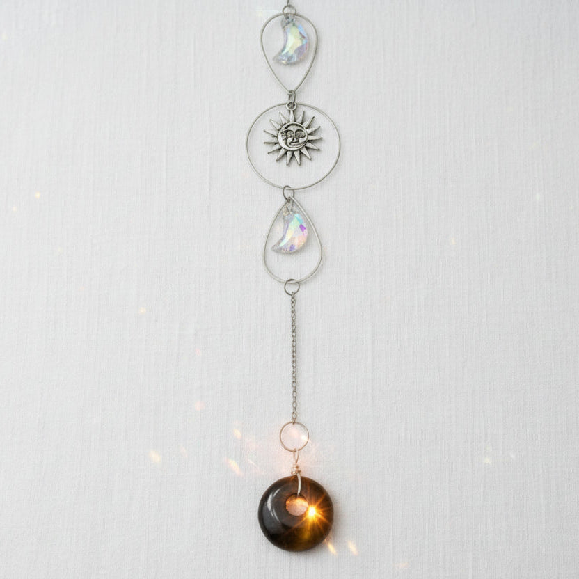 Tiger’s Eye Bi Disc Pendant Suncatcher with sun reflecting prisms