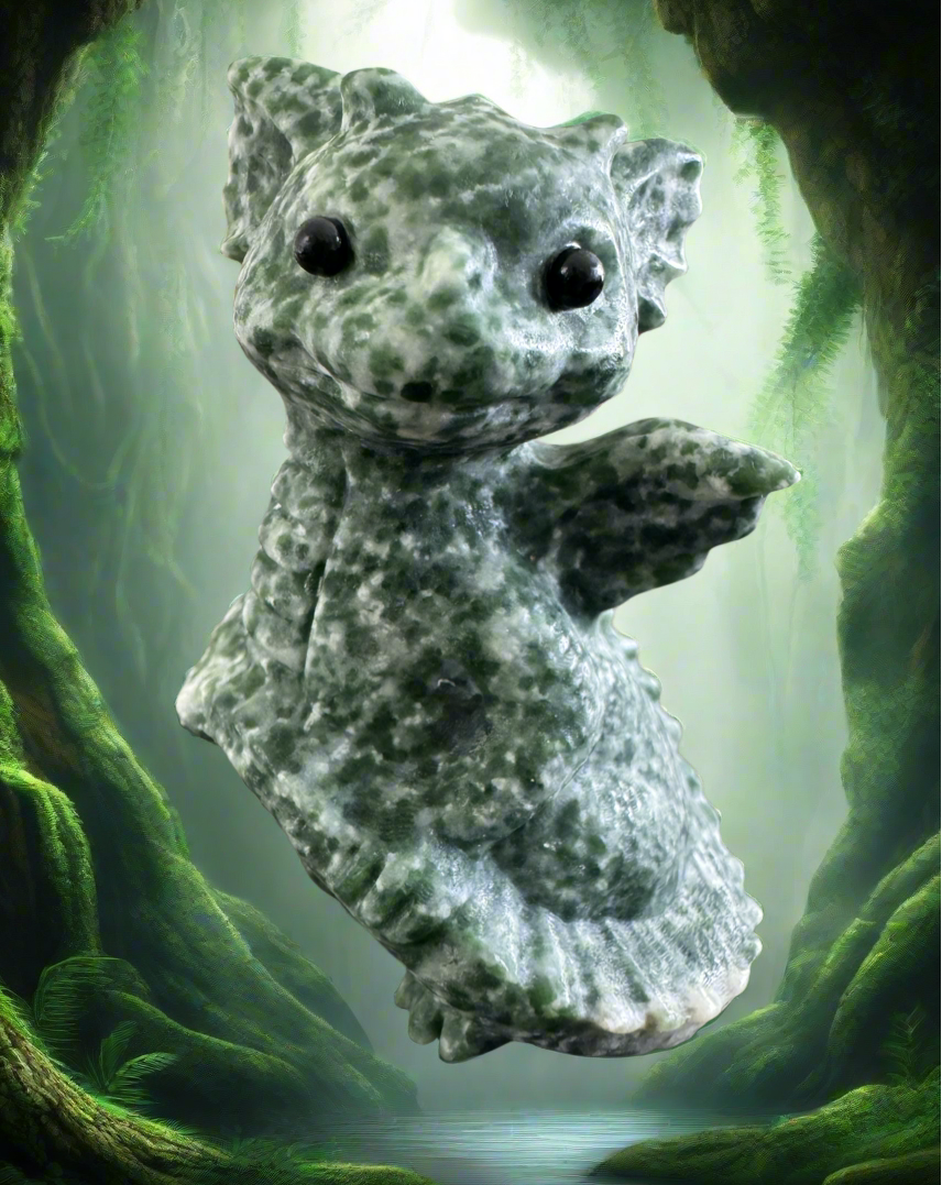 Tree Agate baby dragon crystal carving in forest setting
