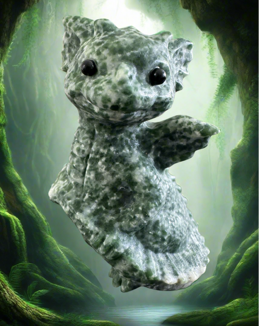 Tree Agate baby dragon crystal carving in forest setting