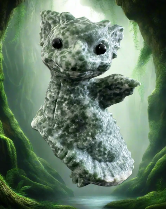 Tree Agate baby dragon crystal carving in forest setting