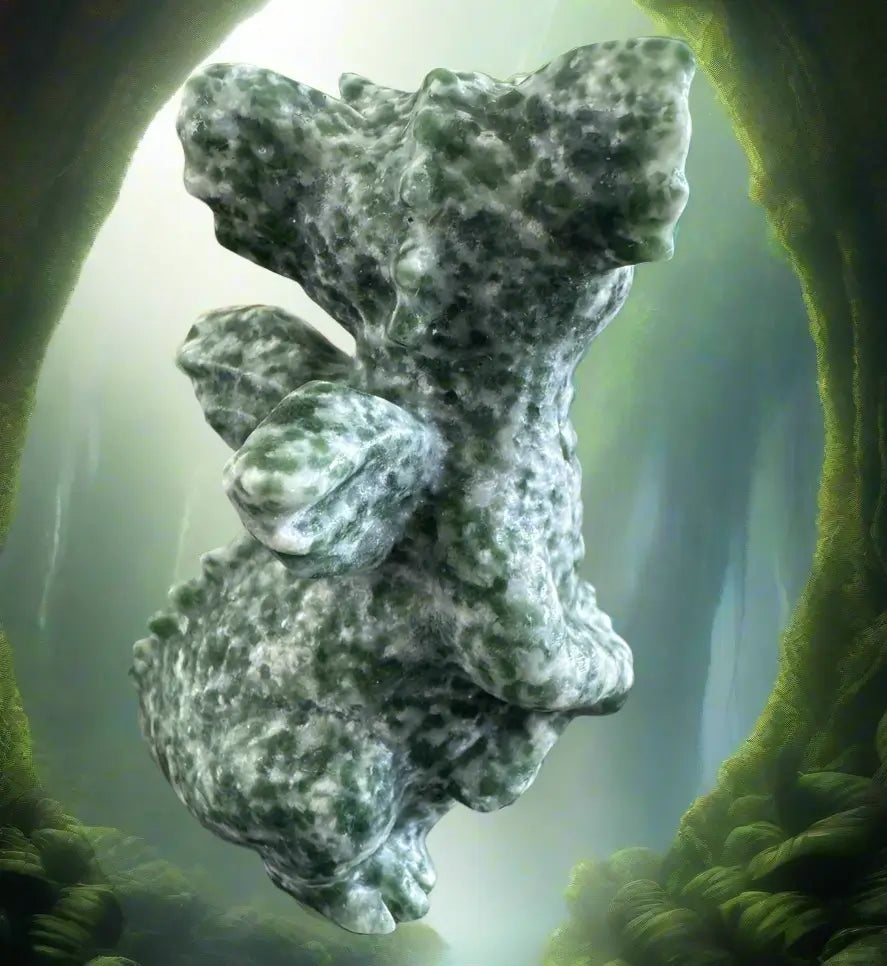 TreeAgate crystal carved to resemble a baby dragon with wings. bright greens and off white 