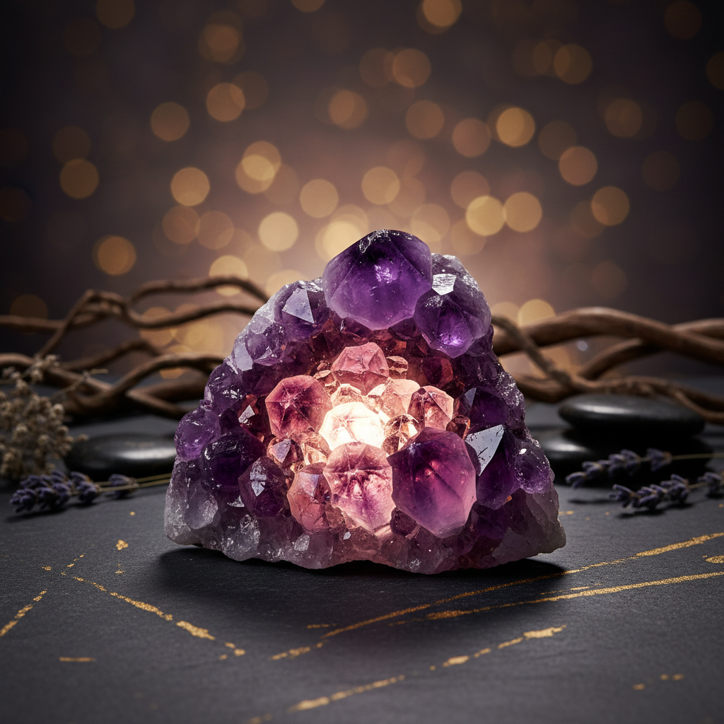 Raw amethyst crystal cluster with deep violet hues — calming and protective healing crystal for meditation and spiritual growth