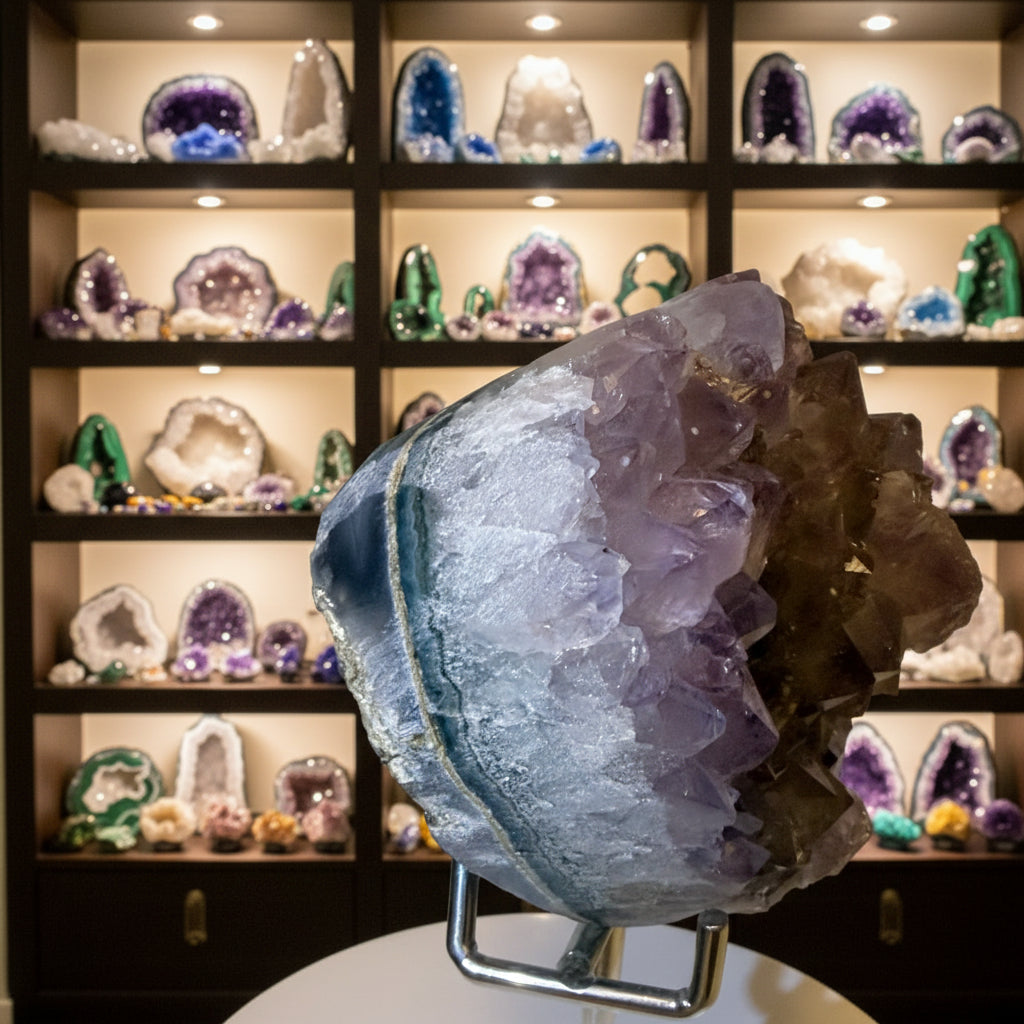 A natural amethyst crystal cluster with a purple-to-clear gradient and smoky brown edges, displayed on a clear acrylic stand on a white surface.