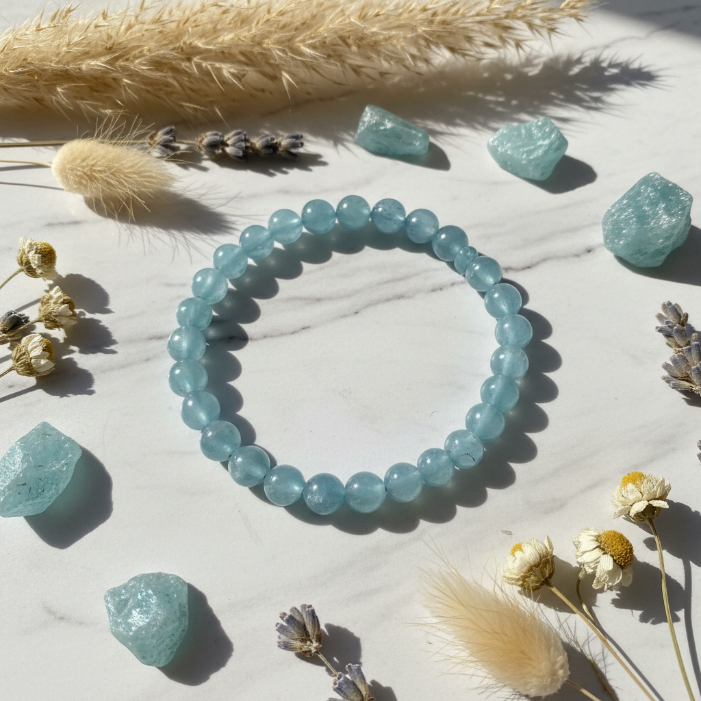 Aquamarine 7.5mm bracelet flat lay