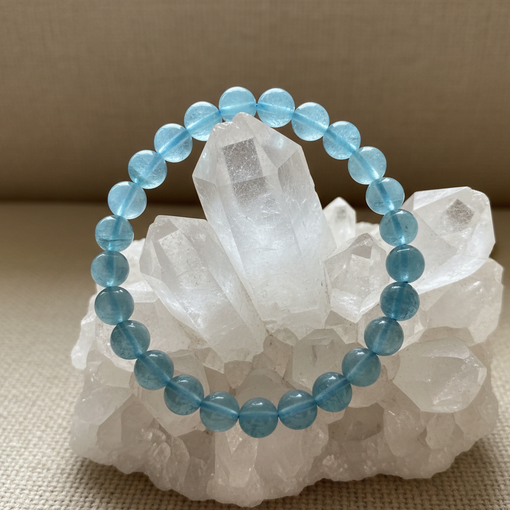 Aquamarine 7.5mm bracelet on quartz cluster