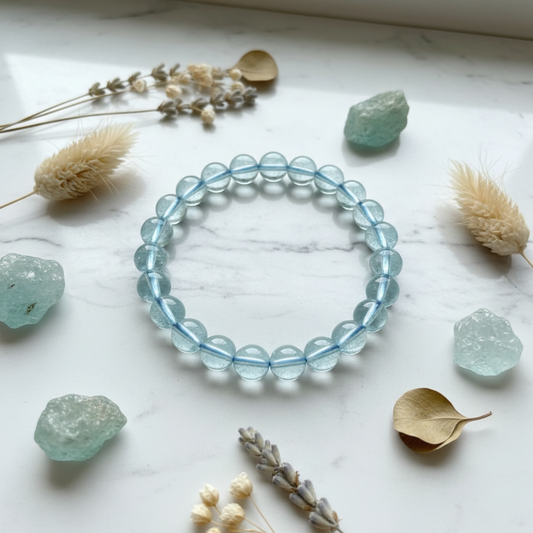 An aquamarine bead  beaded bracelet arranged in a circle on a white marble surface, surrounded by dried grasses, crystals, and a small dried leaf.