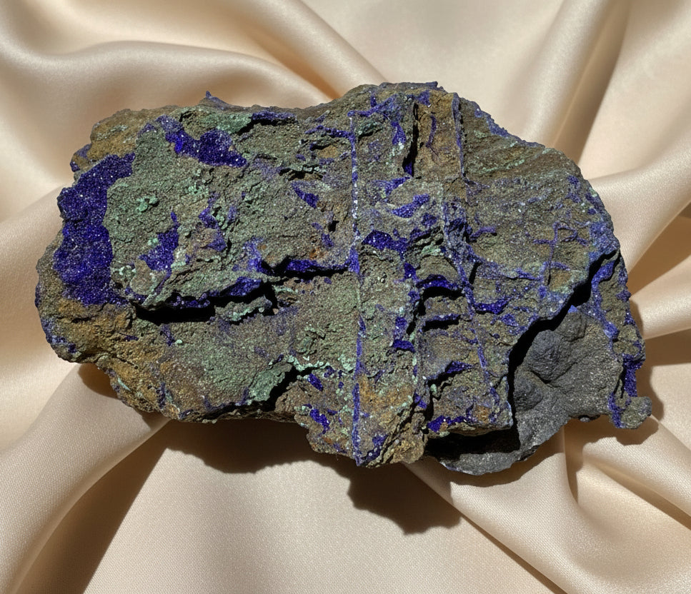 Azurite mineral specimen showing a textured matrix of brown and olive crystalline  inclusions 