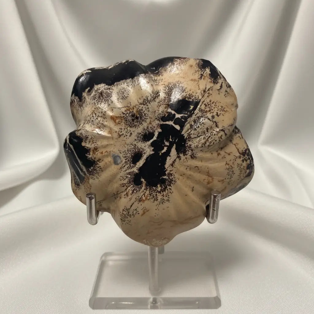 back view of dendritic jasper flower on a stand 
