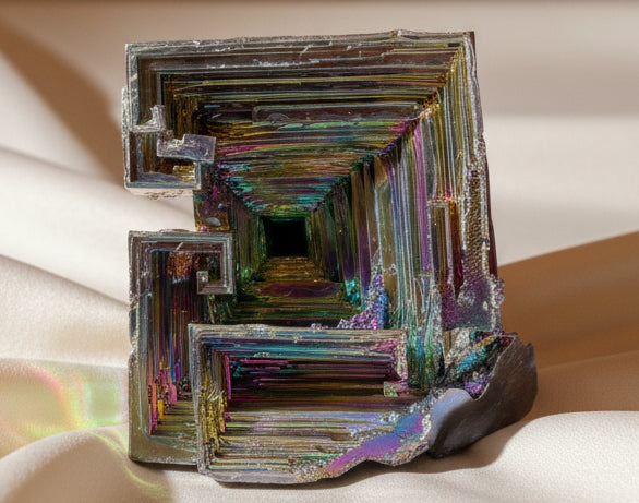 close up showing bottom natural layer formation of bismuth beautiful rainbow colors