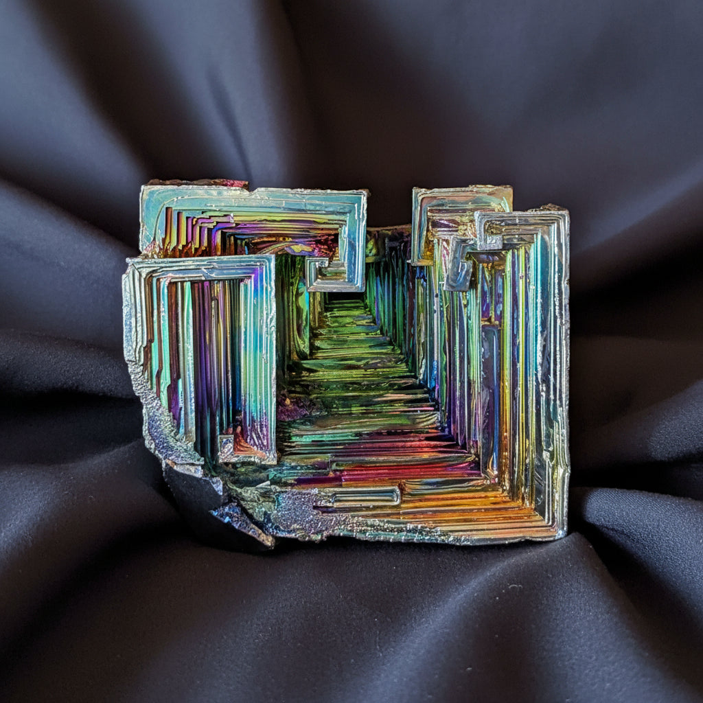 a photo close up of the bottom of bismuth specimen rainbow colors and stair steps appearance