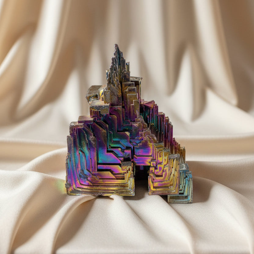 photo side close up view of bismuth specimen tower appearance bright rainbow colors