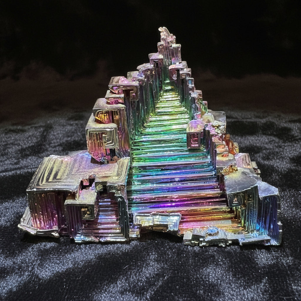 bismuth specimen close up showing bright rainbow colors and the layers of natural bismuth