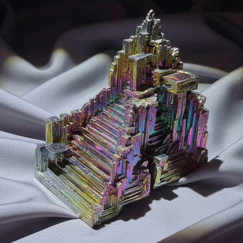 bismuth tower specimen bright rainbow colors and wonder details of layers during formation 