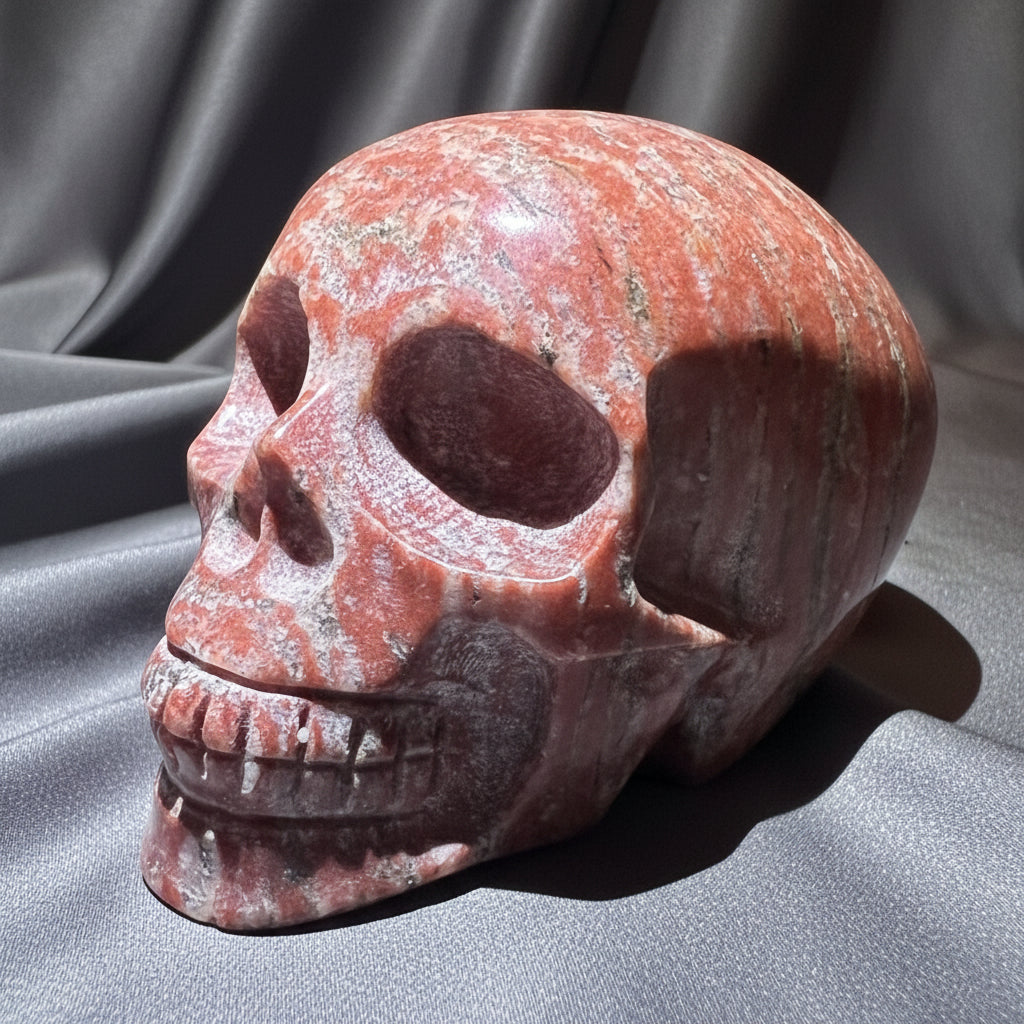 A carved red jasper stone skull figurine with natural marbled patterns, resting on a gray surface 