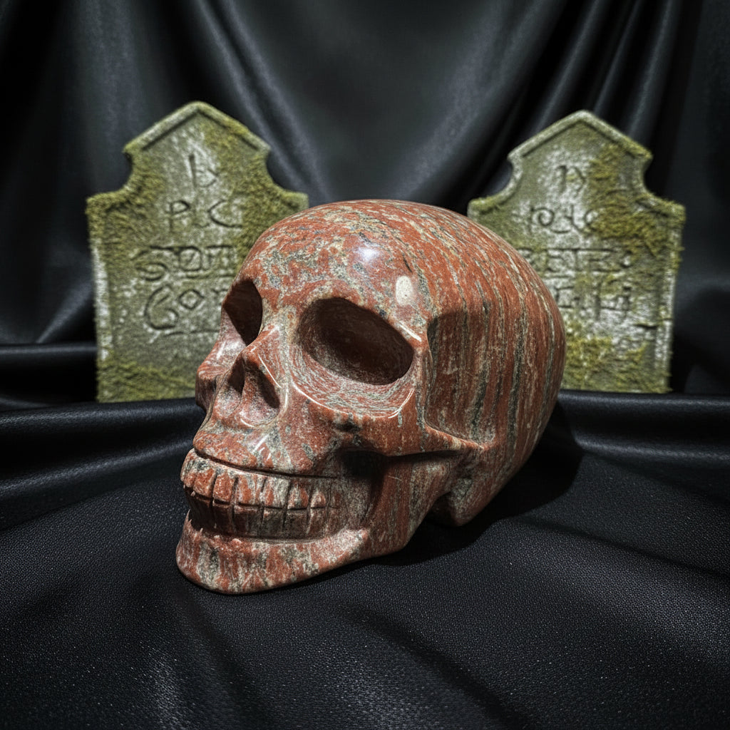 A carved brecciated jasper stone skull sculpture with a reddish-brown and gray marbled texture, displayed on a light surface 