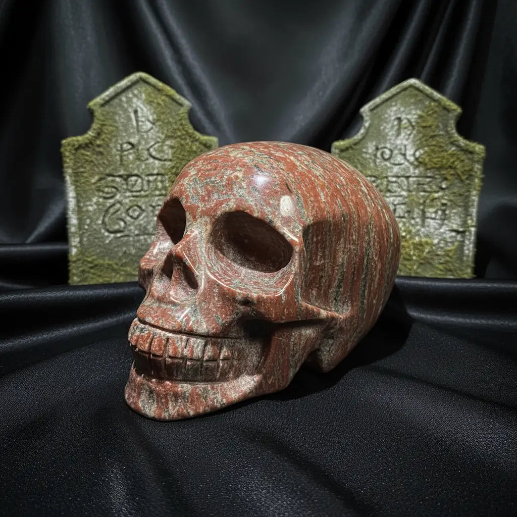 A carved brecciated jasper stone skull sculpture with a reddish-brown and gray marbled texture, displayed on a light surface 