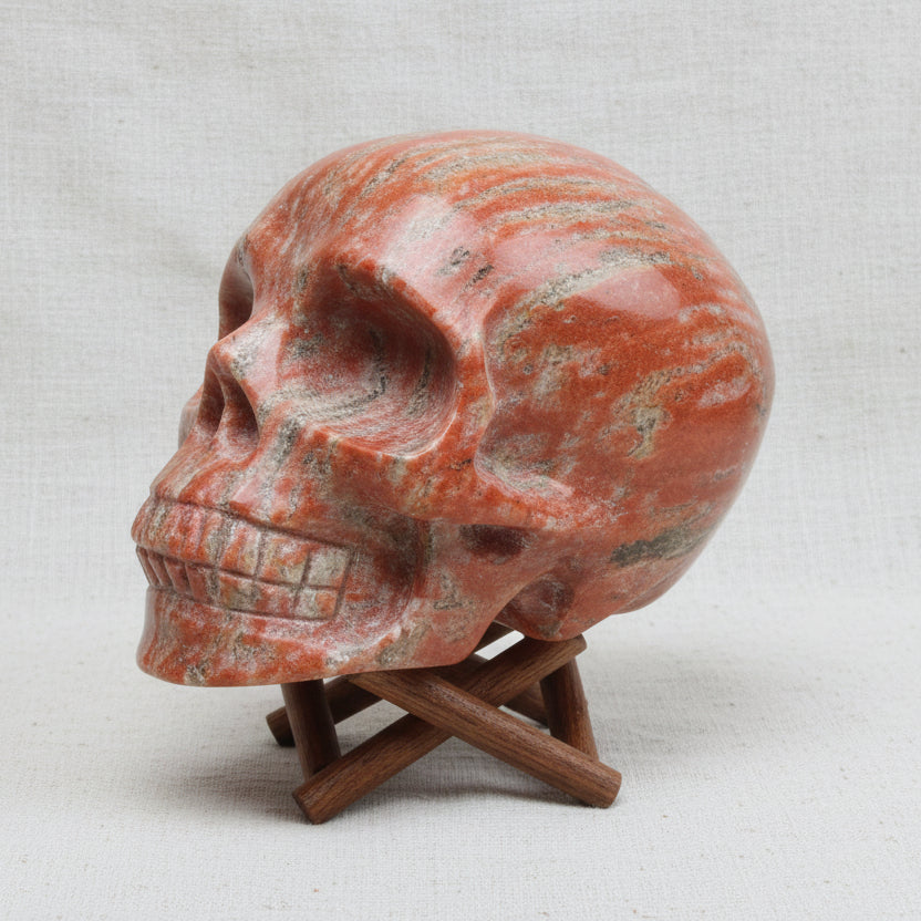 brecciated jasper hand carved skull with bright copper colors, streaks of hematite and iron oxide