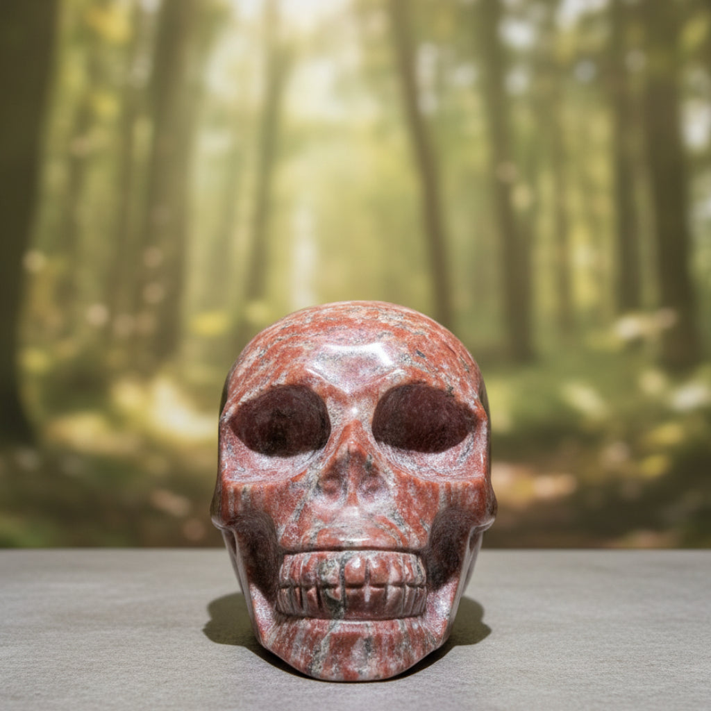 A carved brecciated jasper skull figurine with natural stone patterns, displayed on a gray surface  