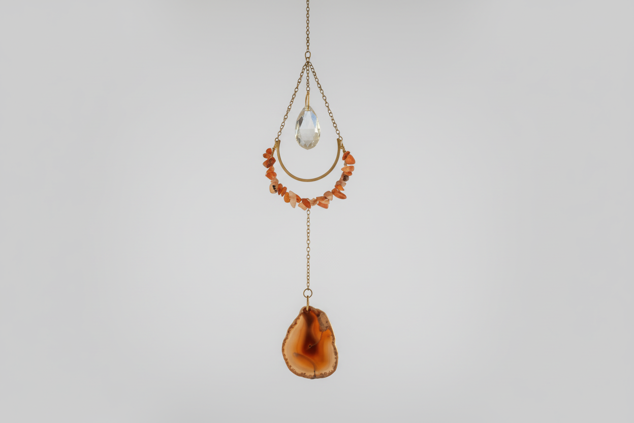 Red Carnelian crystal suncatcher with hanging bead accents