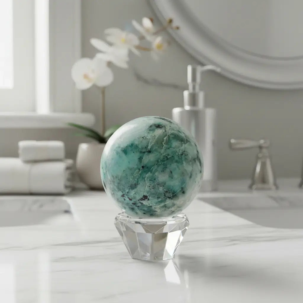 close-up chrysocolla sphere showing ocean blues colors and conchoidal fractures