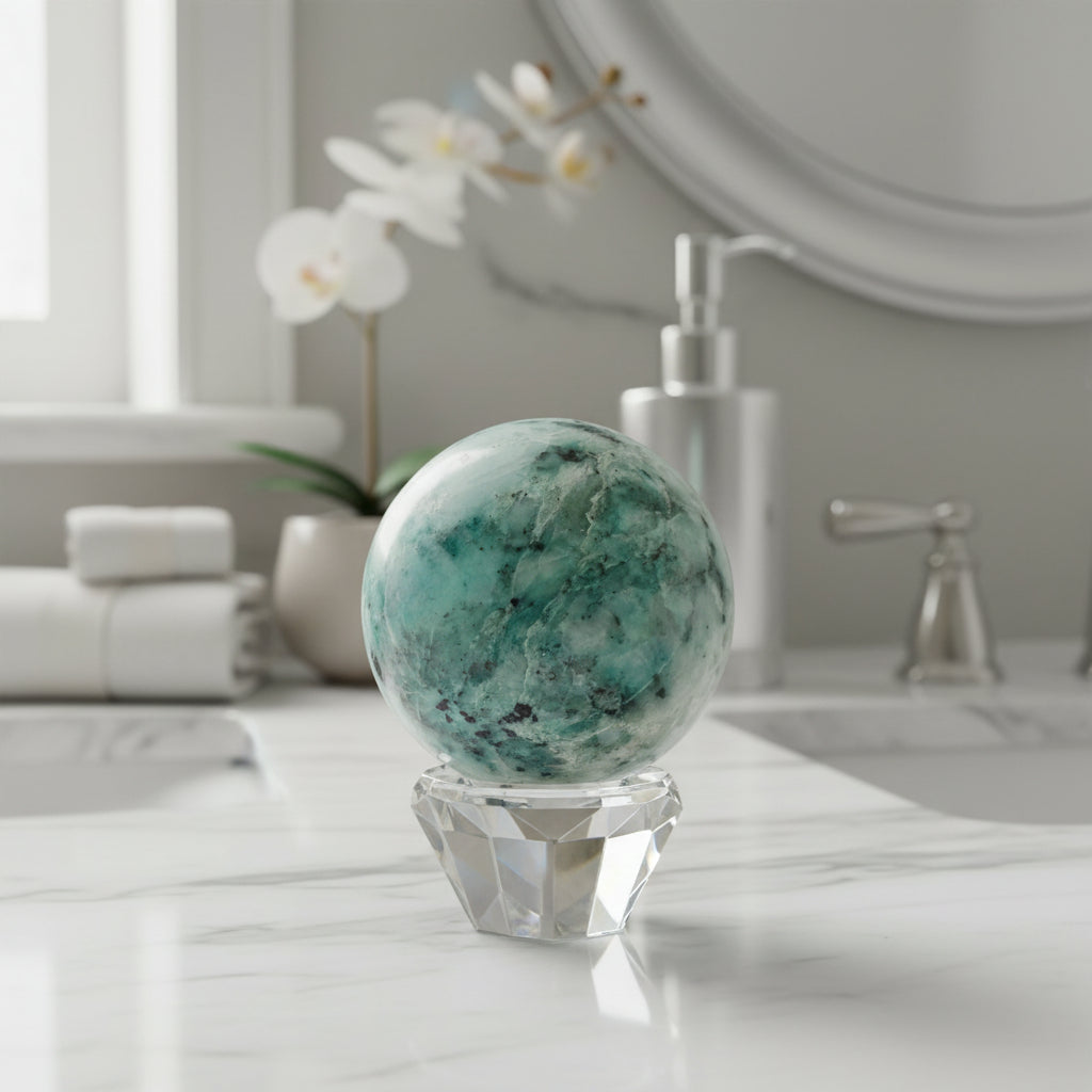 close-up chrysocolla sphere showing ocean blues colors and conchoidal fractures