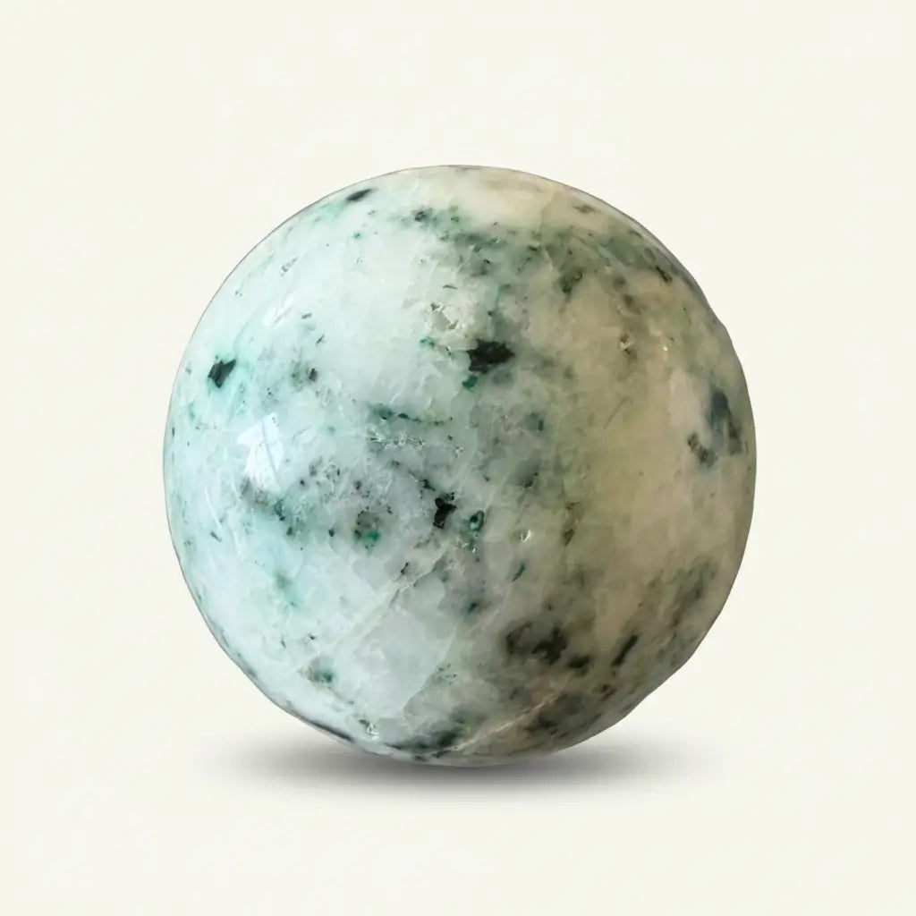 close-up chrysocolla in quartz sphere 